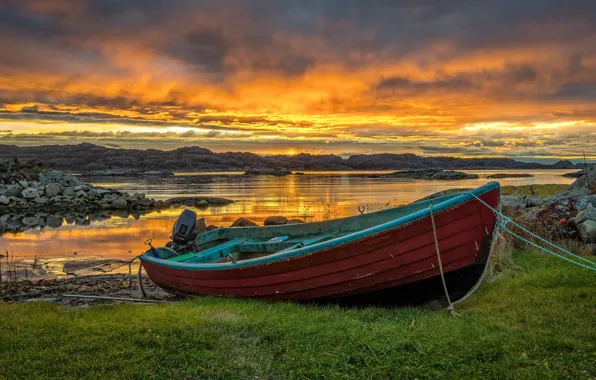 Море, небо, облака, побережье, лодка, Норвегия, Norway, Rogaland