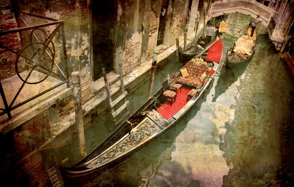 Картинка Италия, Венеция, канал, мостик, гондола, гранж, grunge