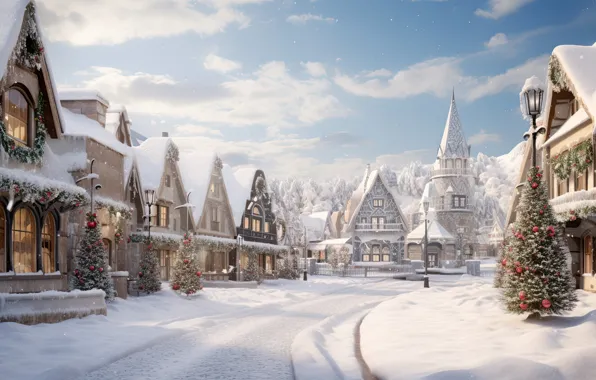 Street, Новый Год, snow, зима, fir tree, город, lights, Christmas