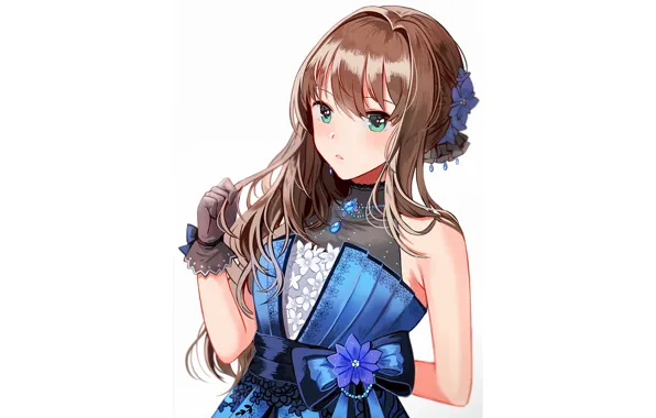 Girl, green eyes, long hair, dress, brown hair, anime, beautiful, pretty