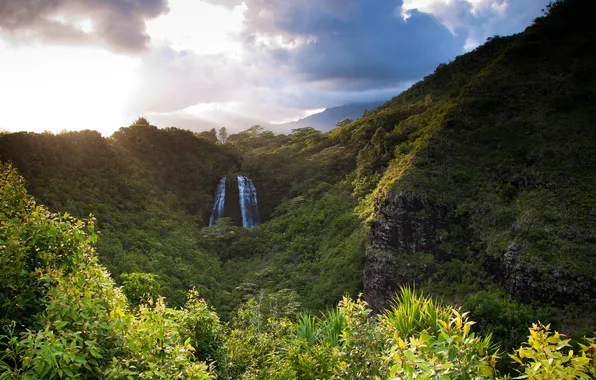 Зелень, лес, горы, тучи, скалы, водопад, Гавайи, Opaekaa Falls