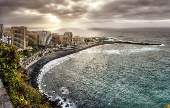 Картинка побережье, здания, Испания, Spain, Канарские острова, Canary Islands, Атлантический океан, Тенерифе