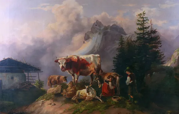 Горы, Деревья, Люди, Картина, Бараны, Корова, Козы, Австрийский художник