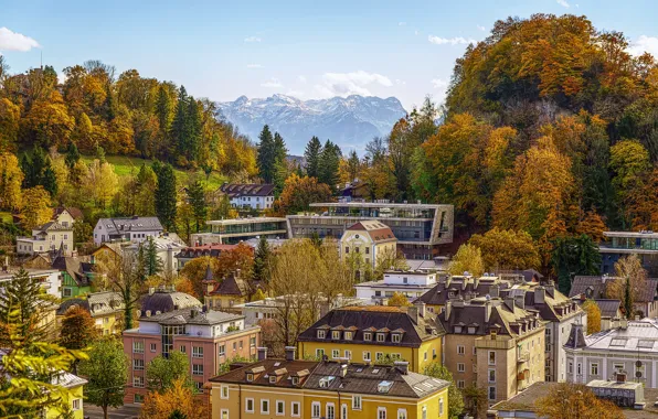 Осень, горы, дома, Австрия, панорама, улицы, Austria, Salzburg