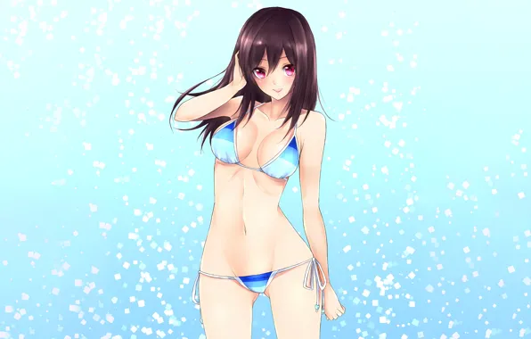 Girl, sexy, cleavage, long hair, brown hair, boobs, anime, water