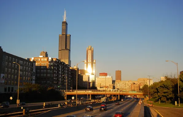 Картинка небо, здания, небоскребы, панорама, USA, америка, чикаго, Chicago