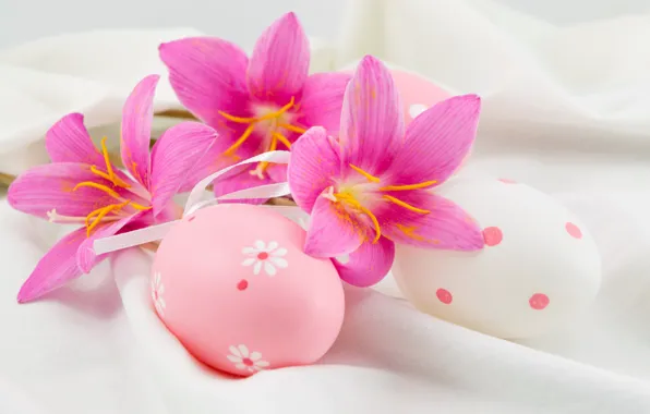 Картинка цветы, Пасха, pink, flowers, Easter, eggs, decoration, Happy