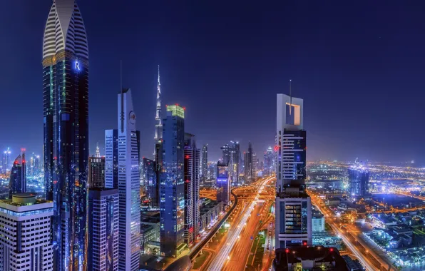 Город, огни, вечер, Дубаи, ОАЭ