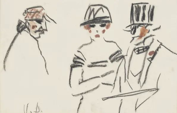 Бумага, пастель, уголь, цилиндр шляпа, Kees van Dongen, Три персонажа
