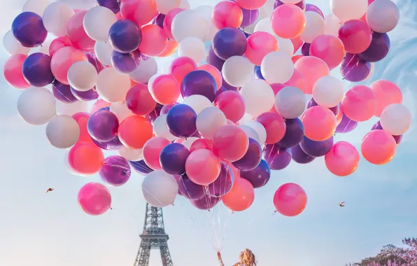 Девушка, шарики, воздушные шары, настроение, Франция, Париж, платье, Эйфелева башня