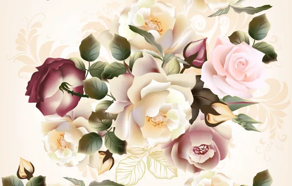 Цветы, flowers, pattern, roses, бежевый фон, seamless