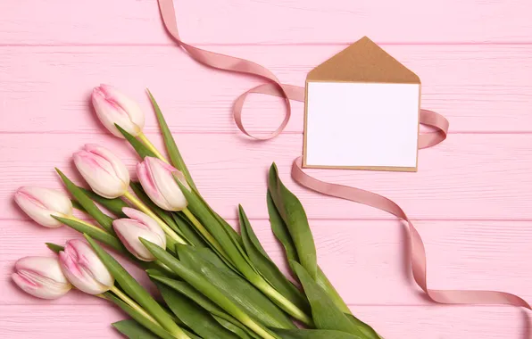Картинка цветы, подарок, букет, тюльпаны, розовые, wood, pink, flowers