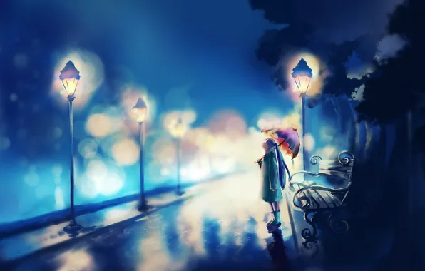 Девушка, ночь, зонтик, дождь, аниме, арт, лавочка, фонари