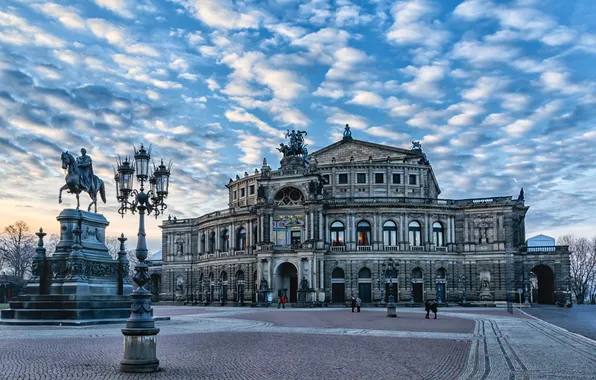 Небо, облака, Германия, Дрезден, площадь, памятник, театр