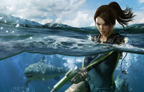 Девушка, оружие, океан, акула, lara croft, Tomb Raider: Underworld