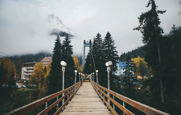 River, bridge, mountains, clouds, village, lamp posts, peak