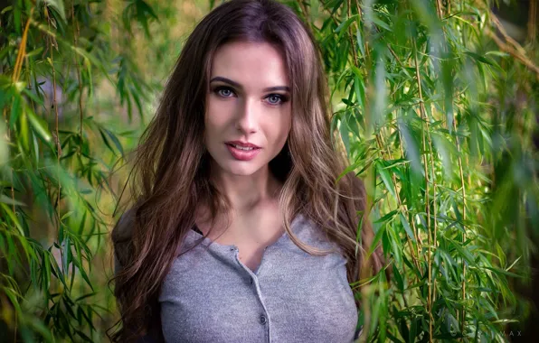 Зелень, взгляд, листья, девушка, ветки, портрет, макияж, прическа