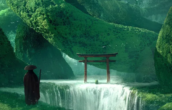 Водопад, Человек, Азия, Арт, Art, Фантастика, Fiction, Waterfall