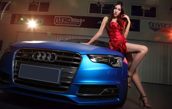 Картинка взгляд, Audi, Девушки, платье, азиатка, красивая девушка, синий авто