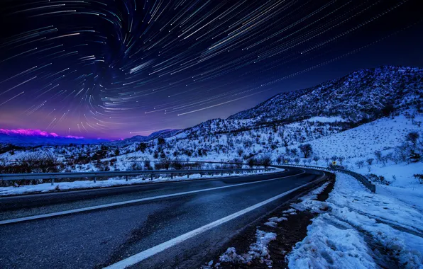 Картинка зима, небо, звезды, снег, пейзаж, горы, ночь, природа