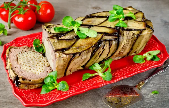 Еда, мясо, овощи, рулет, базилик, помидоры-черри