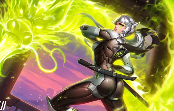 Попа, девушка, меч, костюм, задница, ninja, fan art, Overwatch