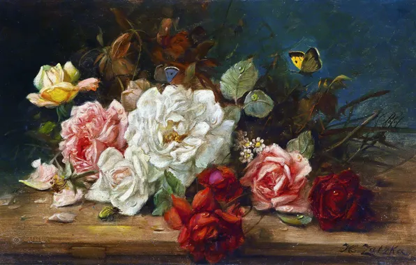 Картинка цветы, масло, розы, Hans Zatzka, «Still life with roses»