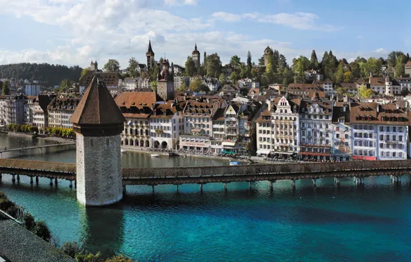 Река, дома, Швейцария, Люцерн, Kapellbrücke