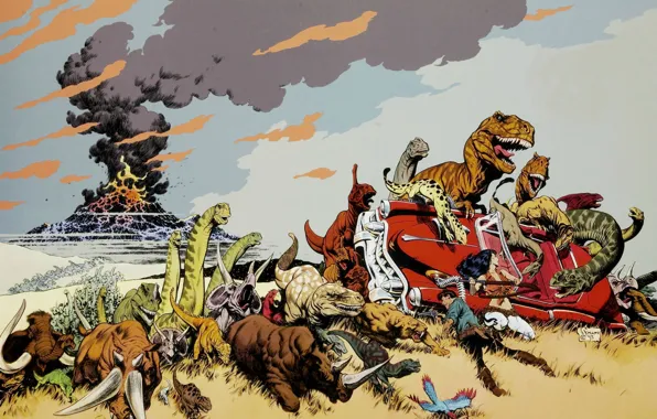 Вулкан, извержение, динозавры, мамонт, кадиллак, Cadillacs, Mark Schultz, Dinosaurs