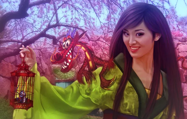 Картинка девушка, дракон, China, сакура, фэнтези, Китай, girl, fantasy