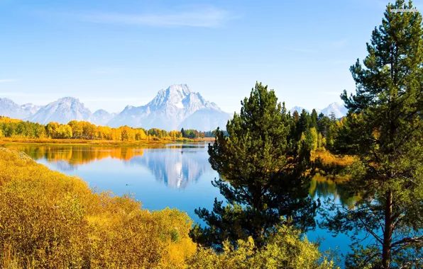 Картинка осень, лес, небо, горы, озеро