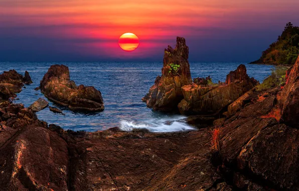 Картинка море, солнце, пейзаж, закат, природа, скалы, Таиланд