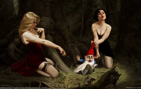 Лес, девушки, грибы, пень, гном, белоснежка, ножницы, Snow White and Rose Red