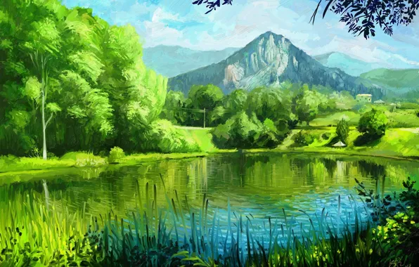 Картинка лето, трава, деревья, горы, природа, озеро, арт, живопись