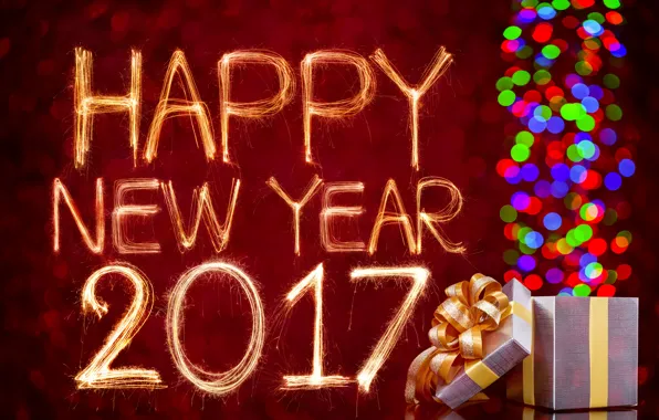 Картинка new year, happy, bokeh, gift, fireworks, 2017