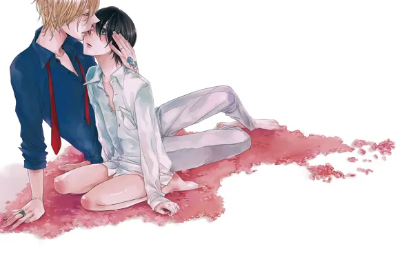 Аниме, лепестки, арт, белый фон, парни, Katekyo Hitman Reborn, Учитель мафиози Реборн