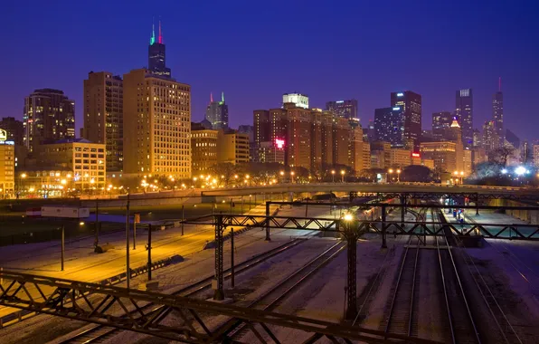 Картинка ночь, огни, парк, небоскребы, фонари, америка, чикаго, Chicago