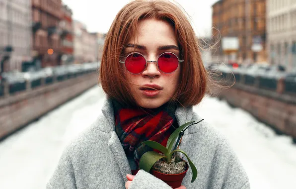 Цветок, девушка, портрет, пирсинг, очки, Roman Filippov