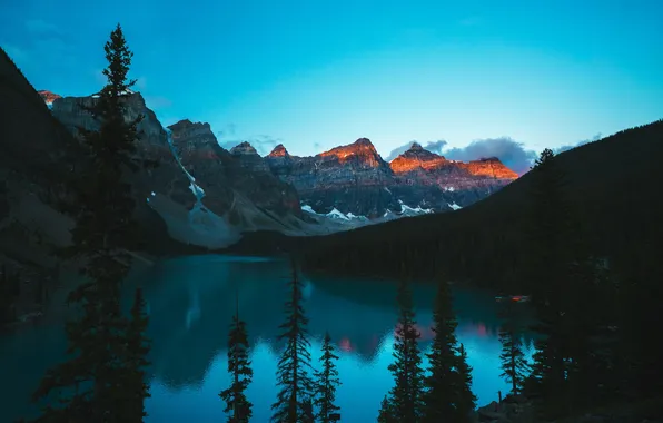 Лес, деревья, закат, горы, озеро, вечер, Banff National Park, Alberta