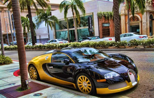 Картинка Bugatti, Veyron, supercar, Black, Street, Yellow