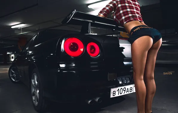 Car, авто, попа, взгляд, девушка, поза, черный, фары
