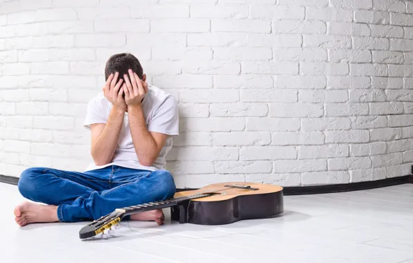 Wall, guitar, depression, man