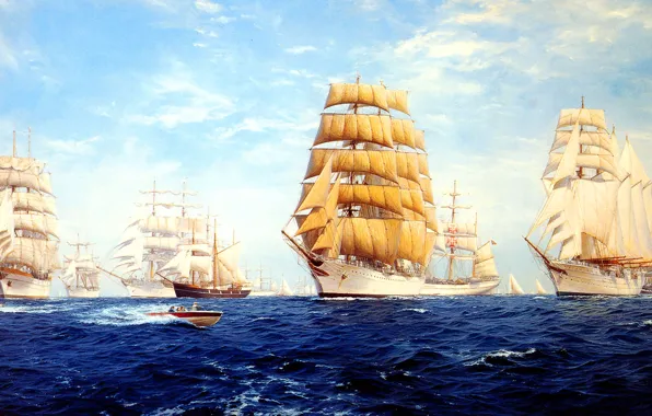 Картинка море, волны, небо, облака, корабль, парусник, парад, J. Steven Dews