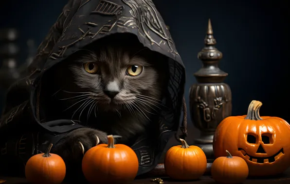 Осень, кошка, кот, взгляд, поза, темный фон, котенок, праздник