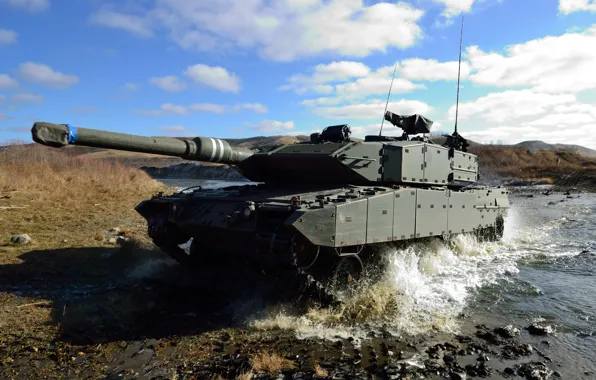 Картинка небо, брызги, река, танк, боевой, Leopard 2А6, «Леопард 2A6»