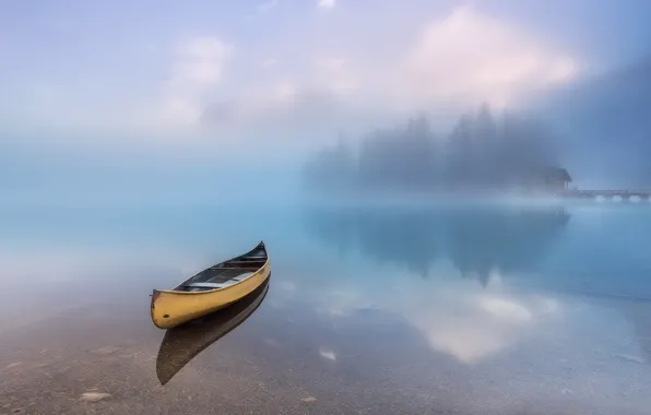 Картинка вода, туман, лодка, тишина, покой