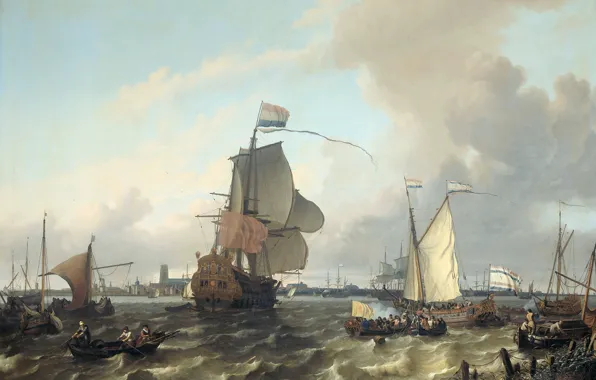 Картинка картина, морской пейзаж, Людольф Бакхёйзен, Военный Корабль Брил на Реке Маас в Роттердаме