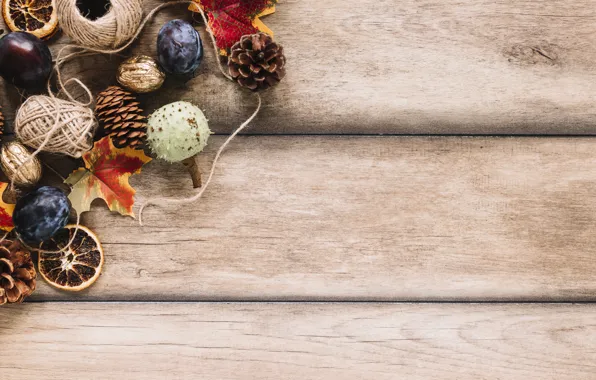 Картинка осень, листья, фон, дерево, colorful, фрукты, орехи, сливы