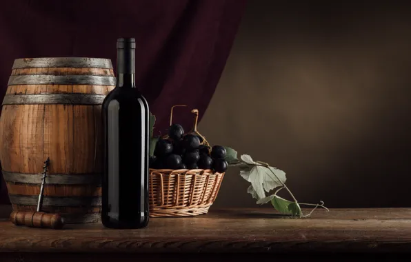 Картинка вино, бутылка, виноград, штопор, бочонок