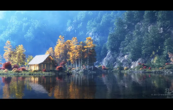 Горы, озеро, берег, человек, причал, домик, A Little Place of My Own